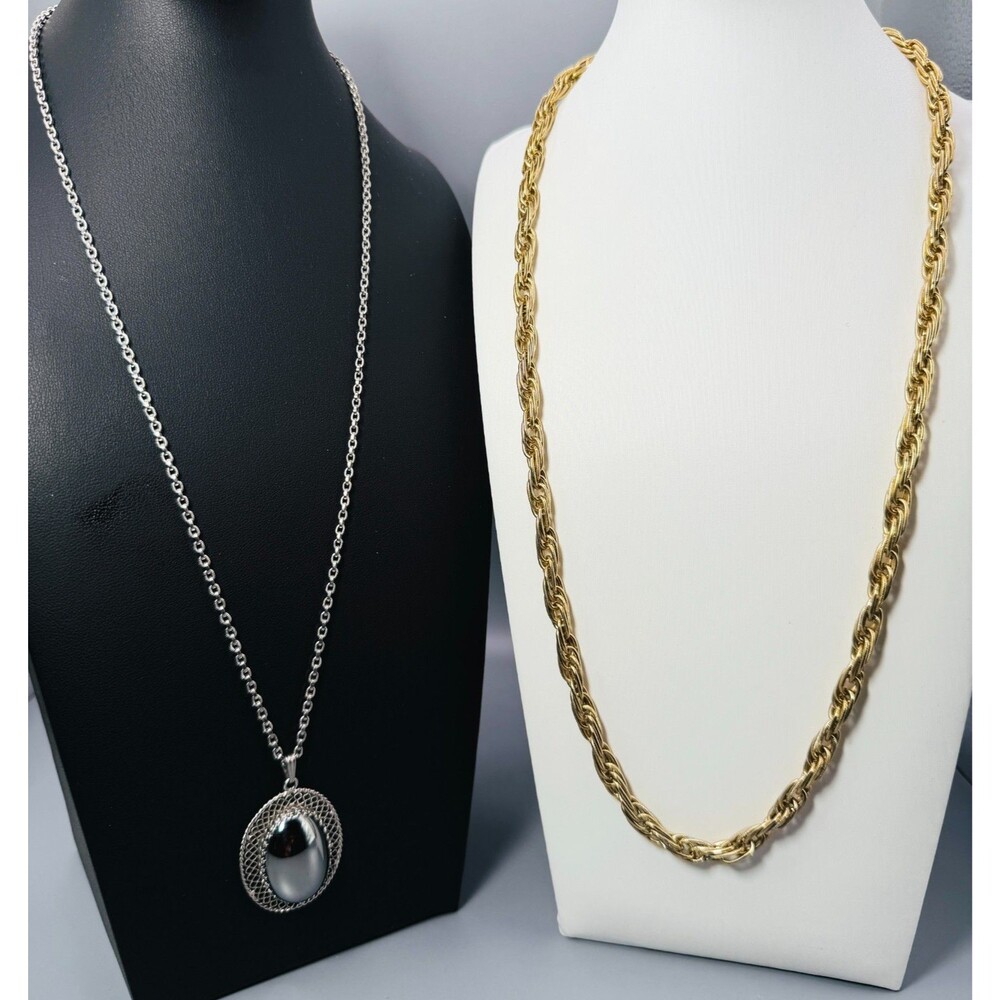 Vintage Whiting & Davis 2 Necklace Lot - Gold Chain & Hematite Pendant Signed